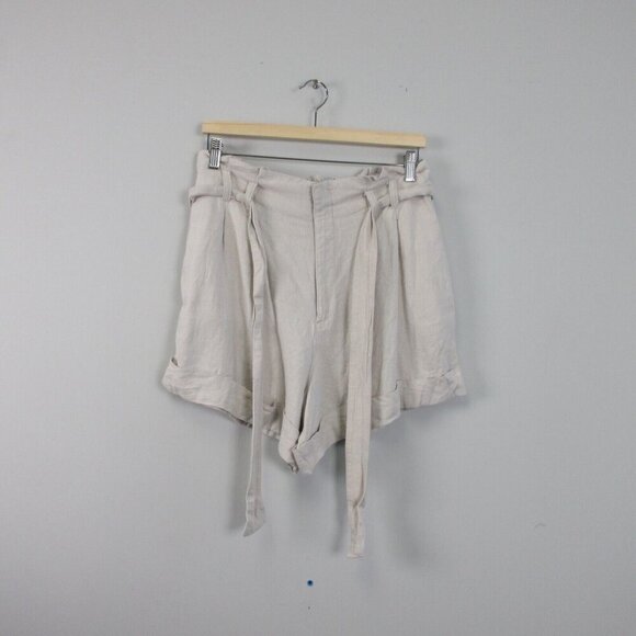 Abercrombie & Fitch Paperbag Shorts Women L Beige Linen Blend Belted Summer 318 - Picture 1 of 11